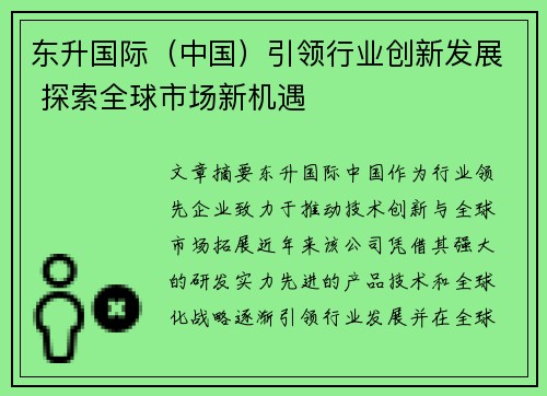 东升国际（中国）引领行业创新发展 探索全球市场新机遇