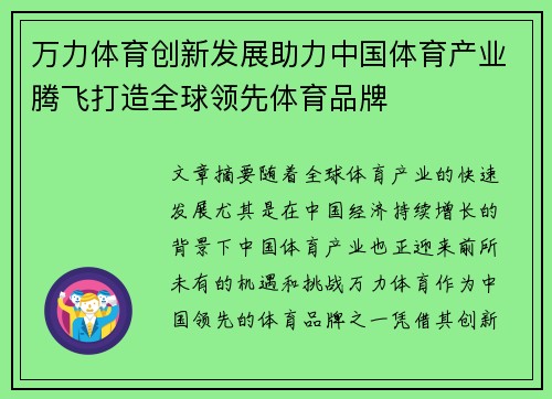 万力体育创新发展助力中国体育产业腾飞打造全球领先体育品牌